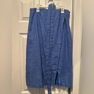 Blue linen midi wrap skirt with belt